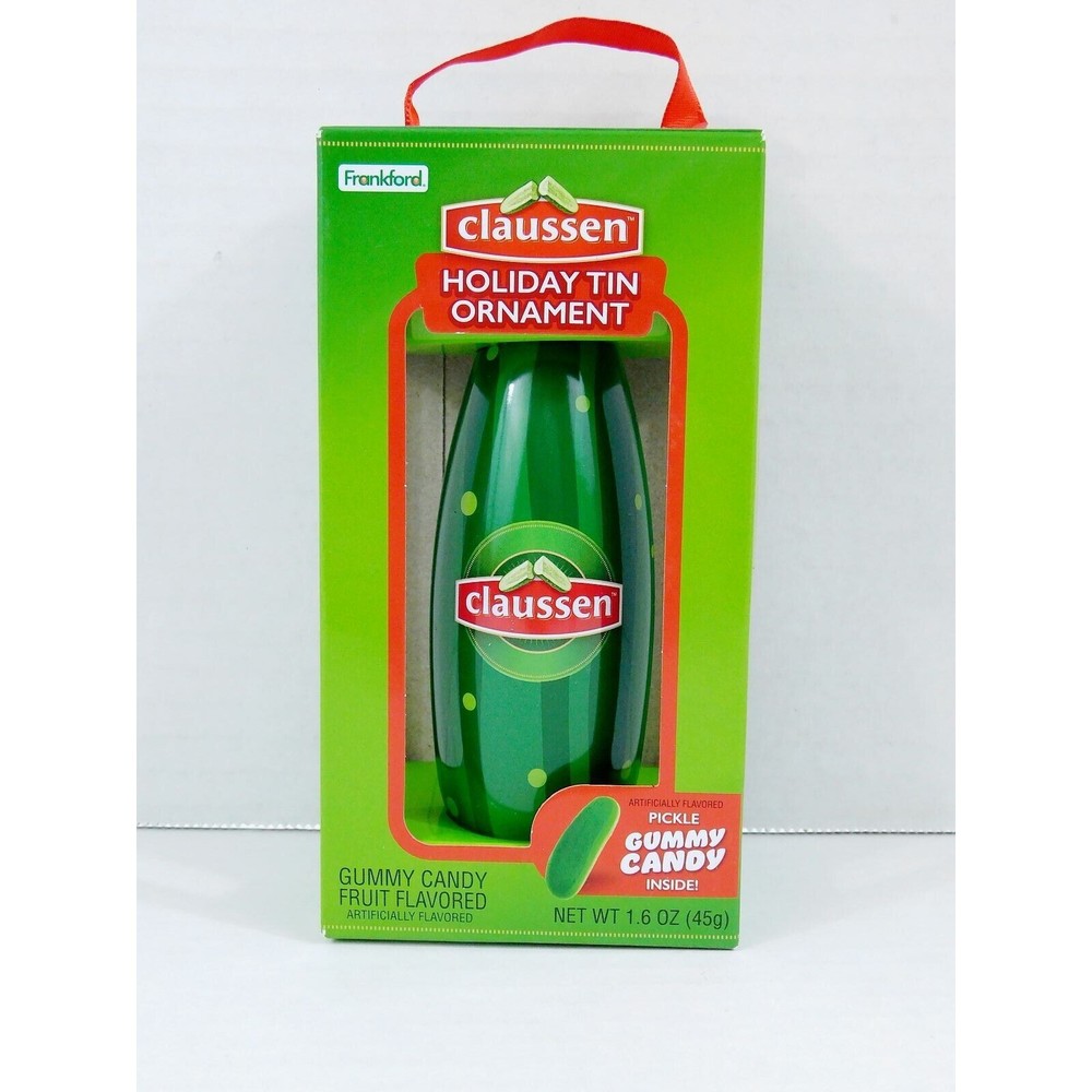Claussen Dill Pickle Gummy Candy with Collectible Holiday Christmas Tin Ornament